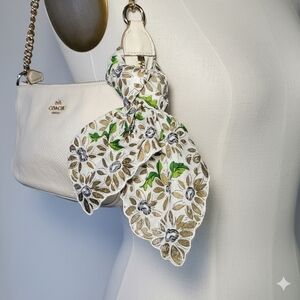 Mini 13x13" Scarf Pocket Square Doily 100% Linen Painted Gold Floral Scalloped